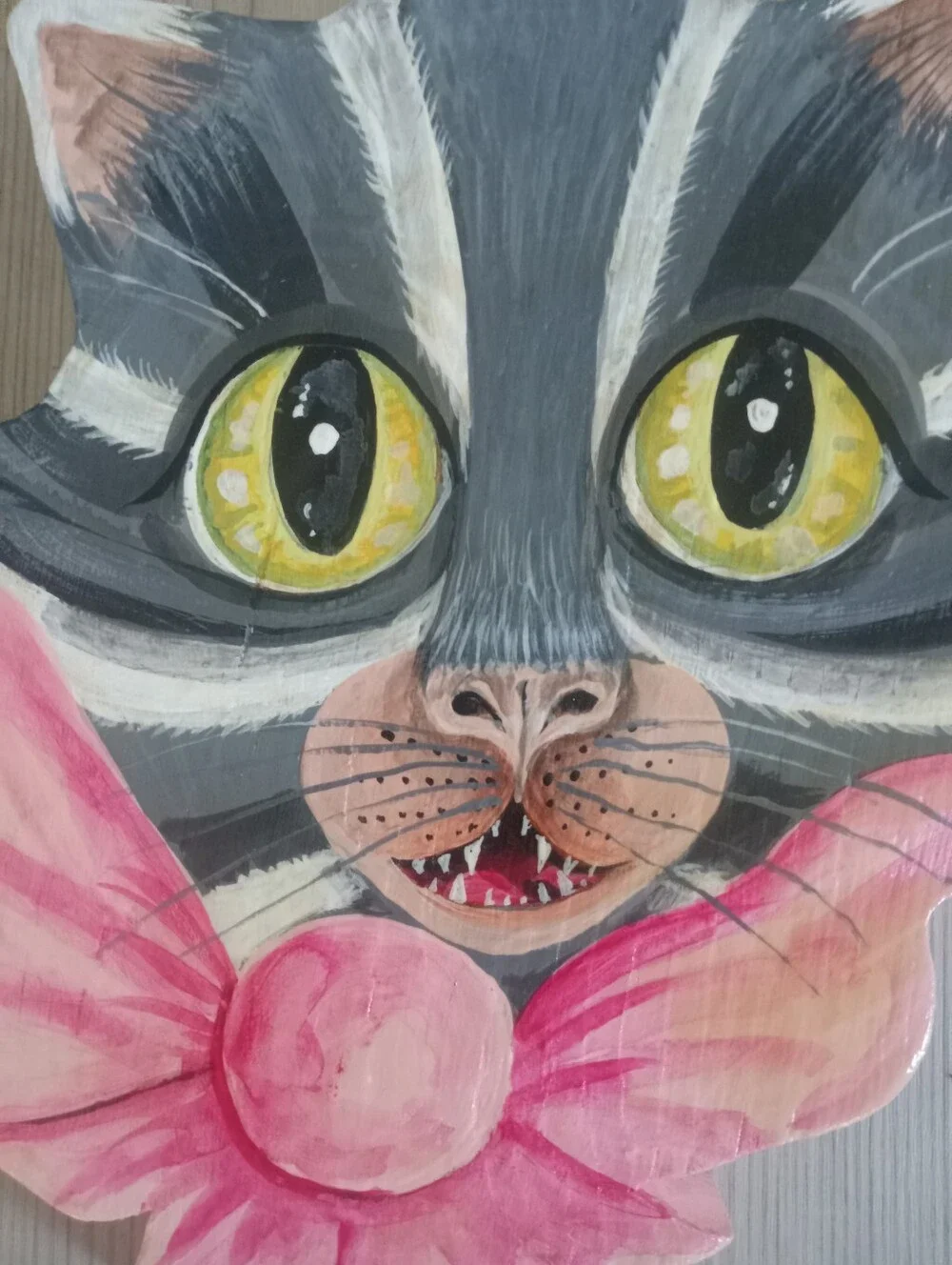 Hand-Painted WoodenGray Cat Wall Art with Pink Bow - Wall Decor